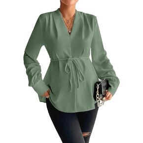 MakeMeChic Women's Maternity Solid Long Sleeve V Neck Tie Front Belted Blouse Shirt Tops