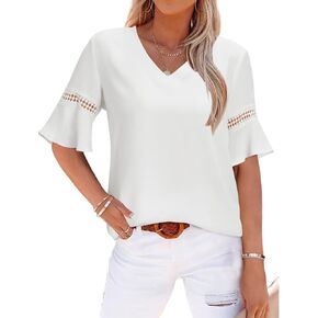 STYLEWORD Womens Casual Bell Sleeve V Neck Loose Tops Chiffon Blouse Dressy Shirt