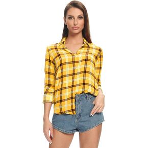 Aeslech Lightweight Plaid Shirts for Women Button Down Roll Up Sleeve Casual Tops Blouse