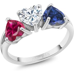 Gem Stone King 925 Sterling Silver Customized and Personalized 3 Heart Shape 6MM Gemstone Birthstone Forever United Name Engraved For Her Flower Blossom Ring For Women