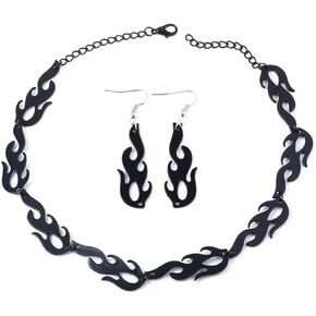 Hip Hop Flame Choker Necklace Earing Set Streetwear Punk Style Gold Black Pendant Necklace Accessory Cool Rock Chain Necklace Jewelry Accessories for Hip Hop Male Female Lovers