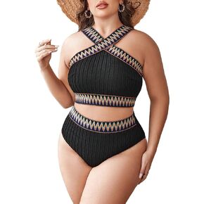 SHENHE Women's Plus Size High Waisted Bathing Suit Criss Cross Halter 2 Piece Boho Swimsuits