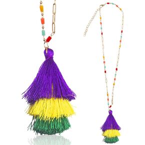 Mardi Gras Tassel Fleur De Lis Crown Pendant Necklace for Women Girls Masquerade Costume Party Favor Supplies