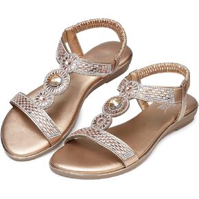 SHIBEVER Sandals Women Dressy Summer: Comfortable Rhinestones Bling Flats Ankle Strap Sandals