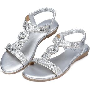 SHIBEVER Sandals Women Dressy Summer: Comfortable Rhinestones Bling Flats Ankle Strap Sandals