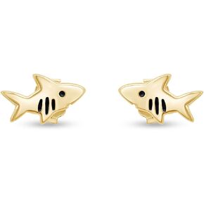 Wishrocks Shark Fish Animal Stud Earring With Push Back in 14k Gold Over Sterling Silver Jewelry gift for Women girls teen