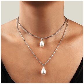 Boho Layered Pearl Necklace Teardrop Pearl Pendant Necklace Retro Pearl Pendant Necklace Gold Pearl Beads Necklace Jewelry for Women and Girls
