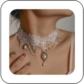 Punk White Lace Choker Necklace Steampunk Pearl Lace Necklace Pearl Chain Tassel Necklace Pearl Lace Collar Necklace Halloween Lace Necklaces Jewelry for Women and Girls