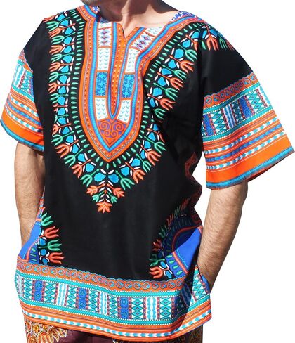 قميص RaanPahMuang ماركة RaanPahMuang للجنسين باللون الأسود اللامع من القطن الأفريقي Dashiki من الأمام in Saudi Arabia
