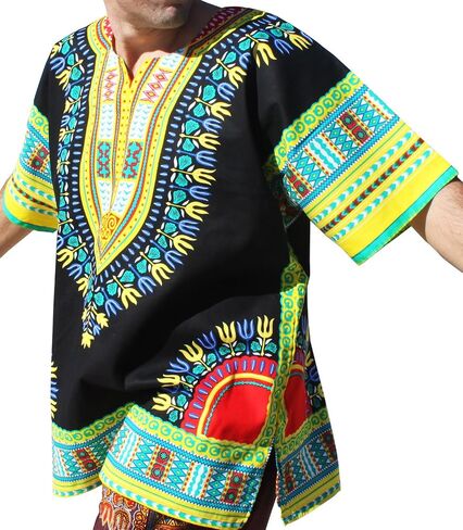 قميص RaanPahMuang ماركة RaanPahMuang للجنسين باللون الأسود اللامع من القطن الأفريقي Dashiki من الأمام in Saudi Arabia