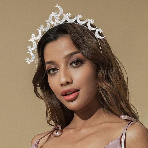 Barode Moon Crown Headband Silver Star Bride Tiaras Bridal Wedding Headpiece Princess Angel Prom Birthday Party Hair Accessories for Women in Kuwait