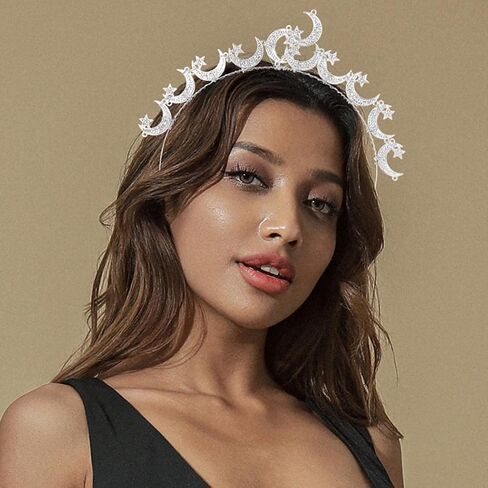 Barode Moon Crown Headband Silver Star Bride Tiaras Bridal Wedding Headpiece Princess Angel Prom Birthday Party Hair Accessories for Women in Kuwait