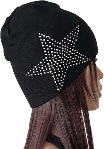 Women Winter Warm Beanie Hat Rhinestone Star Print Y2k Fashion Warm Winte Accessories Slouchy Hat in Saudi Arabia