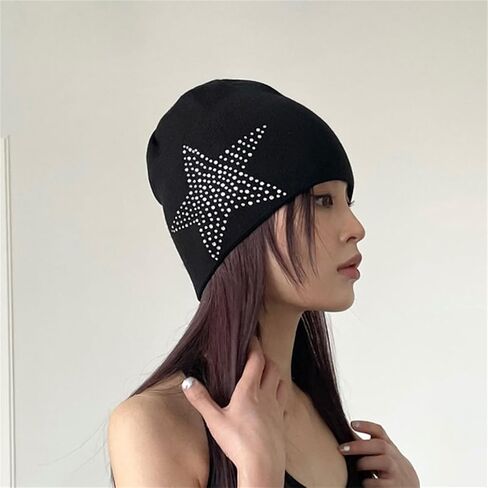 Women Winter Warm Beanie Hat Rhinestone Star Print Y2k Fashion Warm Winte Accessories Slouchy Hat in Saudi Arabia