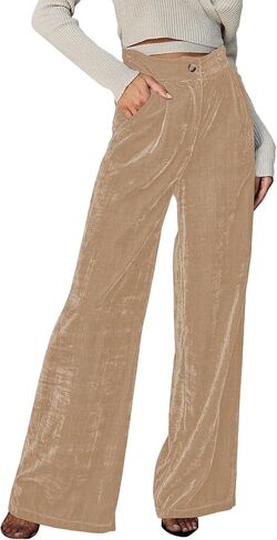 سروال مخملي للنساء من فايبل، سروال بالازو بخصر مرتفع وارجل واسعة، ملابس كاجوال طويلة فضفاضة مع جيوب in Kuwait