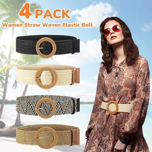 HMIEPRS 4 عبوات من أحزمة الخصر المطاطية المنسوجة من القش، أحزمة خصر مضفرة بوهو للنساء in Kuwait