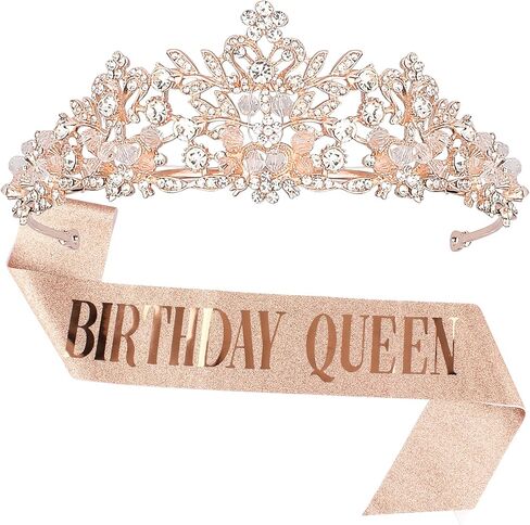 Rhinestone Crown and Birthday Sash Kit—Rose Gold Tiara for Wedding and Women Birthday Decorations Birthday Party Supplies in Saudi Arabia