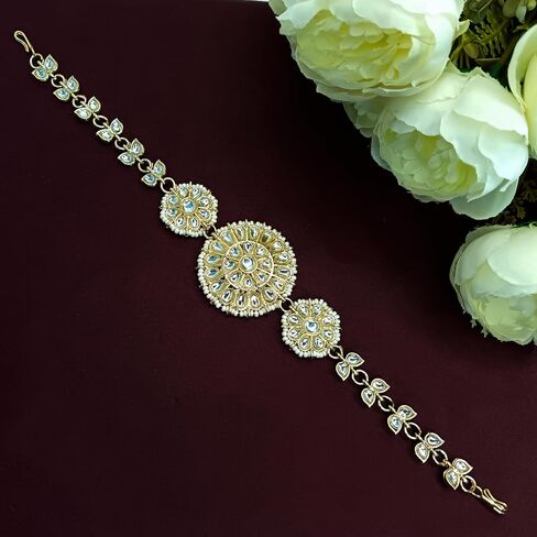 Efulgenz Indian Head Chain Hair Accessories Women's Bohemian Floral Crystal Faux Pearl Rhinestone Wedding Headband Bridal Headpiece Crystal Bollywood Sheeshphool Mathapatti Party Hair Accessories for in Saudi Arabia