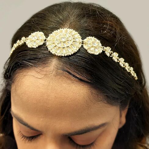 Efulgenz Indian Head Chain Hair Accessories Women's Bohemian Floral Crystal Faux Pearl Rhinestone Wedding Headband Bridal Headpiece Crystal Bollywood Sheeshphool Mathapatti Party Hair Accessories for in Saudi Arabia