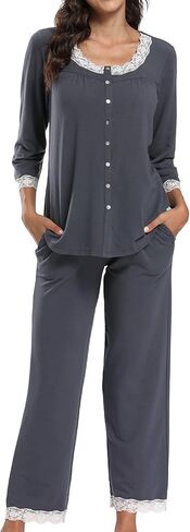 FMIRREO طقم بيجامة نسائي بأكمام طويلة ملابس نوم ناعمة طقم ملابس نوم بيجامة علوية من الدانتيل ورقبة وسراويل Pjs S-XXL in Kuwait