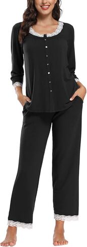 FMIRREO Women's Pajama Set Long Sleeve Sleepwear Soft Loungewear Sets Pajamas Top Scoop Lace Neck and Pants Pjs S-XXL in Saudi Arabia
