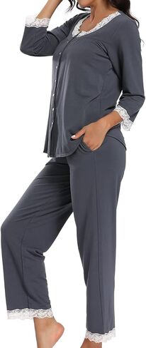 FMIRREO طقم بيجامة نسائي بأكمام طويلة ملابس نوم ناعمة طقم ملابس نوم بيجامة علوية من الدانتيل ورقبة وسراويل Pjs S-XXL in Kuwait