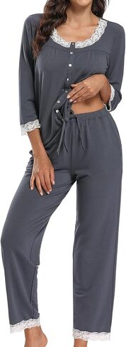 FMIRREO طقم بيجامة نسائي بأكمام طويلة ملابس نوم ناعمة طقم ملابس نوم بيجامة علوية من الدانتيل ورقبة وسراويل Pjs S-XXL in Kuwait
