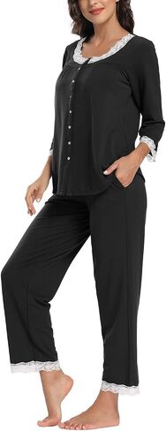 FMIRREO Women's Pajama Set Long Sleeve Sleepwear Soft Loungewear Sets Pajamas Top Scoop Lace Neck and Pants Pjs S-XXL in Saudi Arabia