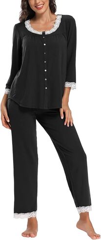 FMIRREO Women's Pajama Set Long Sleeve Sleepwear Soft Loungewear Sets Pajamas Top Scoop Lace Neck and Pants Pjs S-XXL in Saudi Arabia