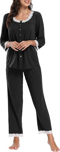 FMIRREO Women's Pajama Set Long Sleeve Sleepwear Soft Loungewear Sets Pajamas Top Scoop Lace Neck and Pants Pjs S-XXL in Saudi Arabia
