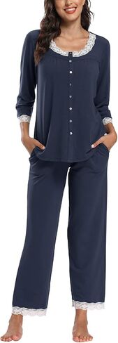 FMIRREO Women's Pajama Set Long Sleeve Sleepwear Soft Loungewear Sets Pajamas Top Scoop Lace Neck and Pants Pjs S-XXL in Saudi Arabia