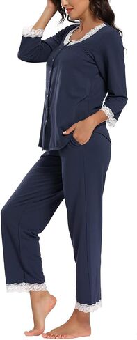 FMIRREO Women's Pajama Set Long Sleeve Sleepwear Soft Loungewear Sets Pajamas Top Scoop Lace Neck and Pants Pjs S-XXL in Saudi Arabia