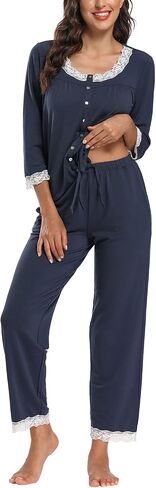 FMIRREO Women's Pajama Set Long Sleeve Sleepwear Soft Loungewear Sets Pajamas Top Scoop Lace Neck and Pants Pjs S-XXL in Saudi Arabia