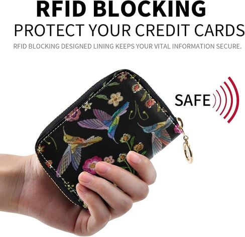 حافظة حامل بطاقات الائتمان RFID جميلة للطيور الطنانة والزهور الغريبة من الجلد مطبوعة بسحاب حافظة بطاقات للنساء والفتيات in Kuwait
