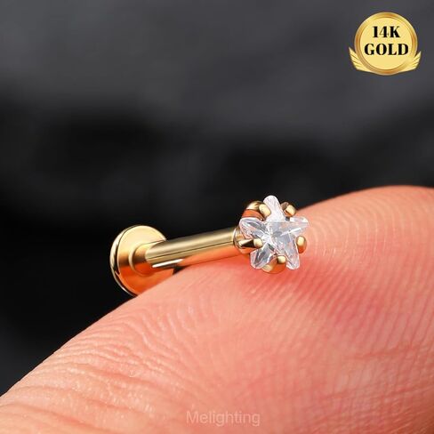 Melighting 14K الصلبة الذهب الغضروف القرط 16G الذهب القلب شقة الظهر القرط نجمة اللولب ثقب المجوهرات داخليا مترابطة منحني تشيكوسلوفاكيا الذهب مجوهرات Labret للنساء 8mm in Kuwait