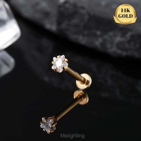 Melighting 14K الصلبة الذهب الغضروف القرط 16G الذهب القلب شقة الظهر القرط نجمة اللولب ثقب المجوهرات داخليا مترابطة منحني تشيكوسلوفاكيا الذهب مجوهرات Labret للنساء 8mm in Kuwait
