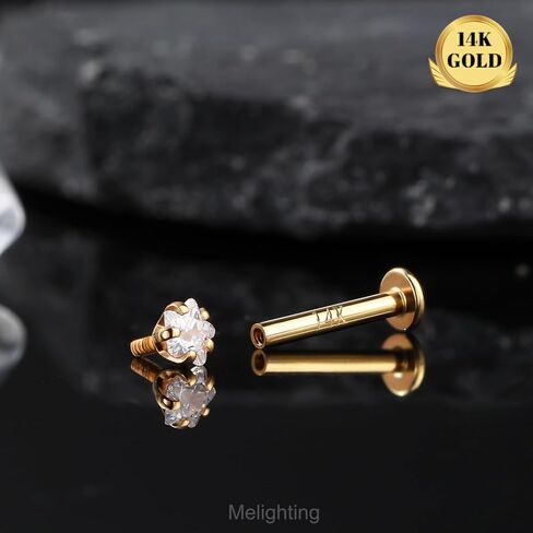 Melighting 14K الصلبة الذهب الغضروف القرط 16G الذهب القلب شقة الظهر القرط نجمة اللولب ثقب المجوهرات داخليا مترابطة منحني تشيكوسلوفاكيا الذهب مجوهرات Labret للنساء 8mm in Kuwait