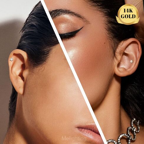 Melighting 14K الصلبة الذهب الغضروف القرط 16G الذهب القلب شقة الظهر القرط نجمة اللولب ثقب المجوهرات داخليا مترابطة منحني تشيكوسلوفاكيا الذهب مجوهرات Labret للنساء 8mm in Kuwait