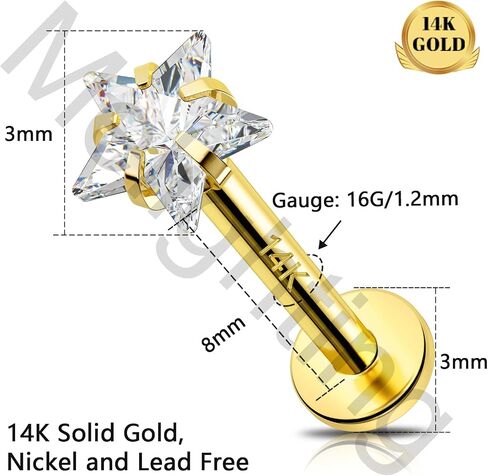 Melighting 14K الصلبة الذهب الغضروف القرط 16G الذهب القلب شقة الظهر القرط نجمة اللولب ثقب المجوهرات داخليا مترابطة منحني تشيكوسلوفاكيا الذهب مجوهرات Labret للنساء 8mm in Kuwait