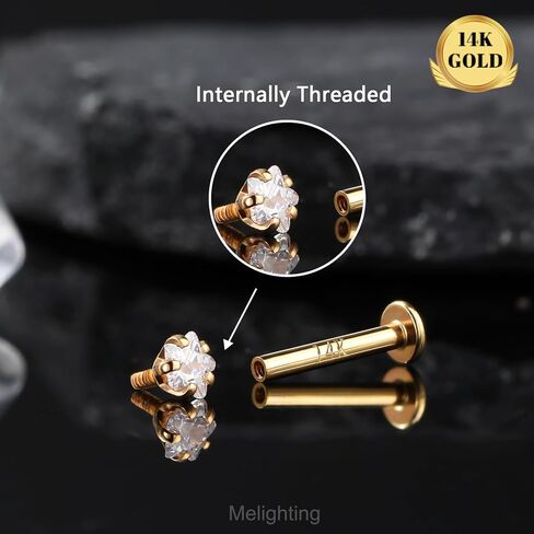 Melighting 14K الصلبة الذهب الغضروف القرط 16G الذهب القلب شقة الظهر القرط نجمة اللولب ثقب المجوهرات داخليا مترابطة منحني تشيكوسلوفاكيا الذهب مجوهرات Labret للنساء 8mm in Kuwait
