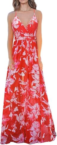 فستان Yuanlar نسائي صيفي طويل بحزام سباغيتي مطبوع عليه زهور ورقبة على شكل حرف V ملفوف للشاطئ in Kuwait