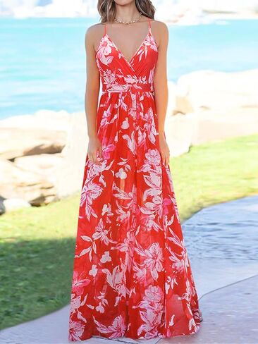 فستان Yuanlar نسائي صيفي طويل بحزام سباغيتي مطبوع عليه زهور ورقبة على شكل حرف V ملفوف للشاطئ in Kuwait