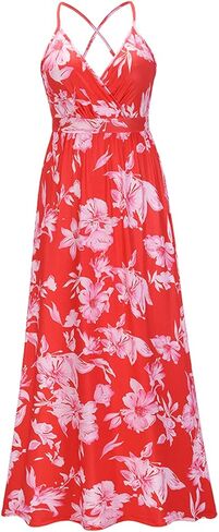 فستان Yuanlar نسائي صيفي طويل بحزام سباغيتي مطبوع عليه زهور ورقبة على شكل حرف V ملفوف للشاطئ in Kuwait