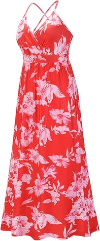 فستان Yuanlar نسائي صيفي طويل بحزام سباغيتي مطبوع عليه زهور ورقبة على شكل حرف V ملفوف للشاطئ in Kuwait