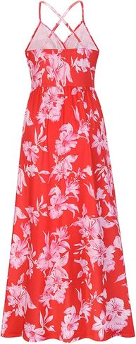 فستان Yuanlar نسائي صيفي طويل بحزام سباغيتي مطبوع عليه زهور ورقبة على شكل حرف V ملفوف للشاطئ in Kuwait