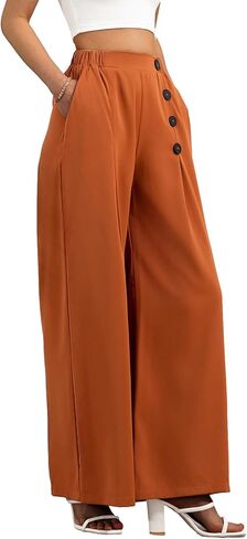 سراويل نسائية كاجوال واسعة الساق مرنة عالية الخصر وأزرار ديكور Palazzo فضفاضة صالة الأعمال مع جيوب in Kuwait