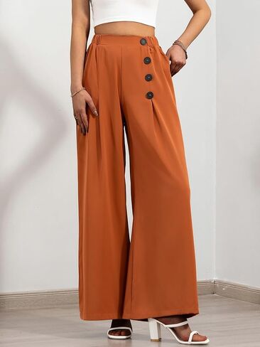 سراويل نسائية كاجوال واسعة الساق مرنة عالية الخصر وأزرار ديكور Palazzo فضفاضة صالة الأعمال مع جيوب in Kuwait