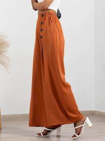 سراويل نسائية كاجوال واسعة الساق مرنة عالية الخصر وأزرار ديكور Palazzo فضفاضة صالة الأعمال مع جيوب in Kuwait