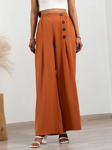 سراويل نسائية كاجوال واسعة الساق مرنة عالية الخصر وأزرار ديكور Palazzo فضفاضة صالة الأعمال مع جيوب in Kuwait