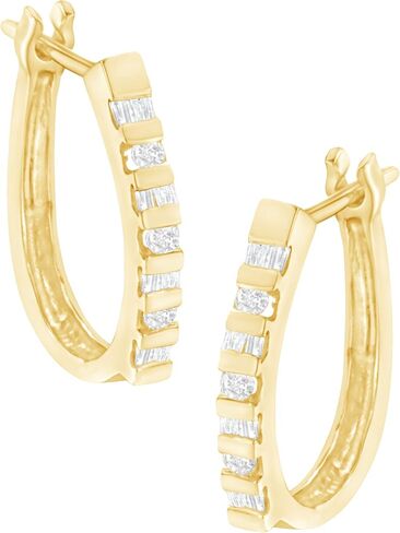 10K Yellow or White Gold Round and Baguette-Cut Diamond Hoop Earrings (I-J Color, I2-I3 Clarity) - Choice of Carat Weight and Metal Color in Saudi Arabia